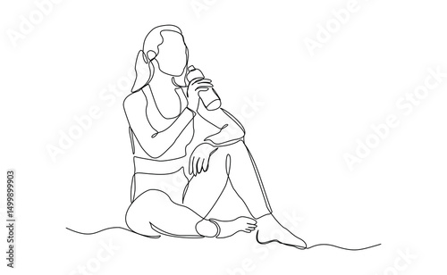 Continuous line of sporty woman drink energy water from bottle. single one line sketch drawing editable stroke of healthy life style. Vector illustration