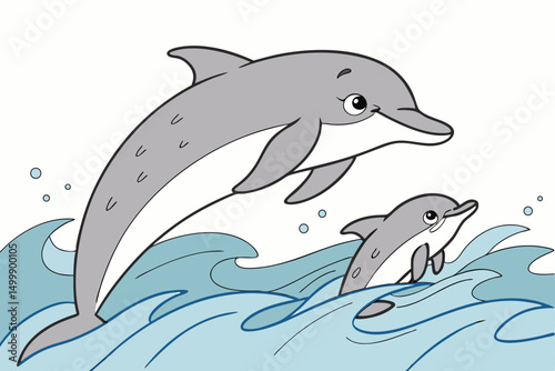A baby dolphin following its mother in the sea