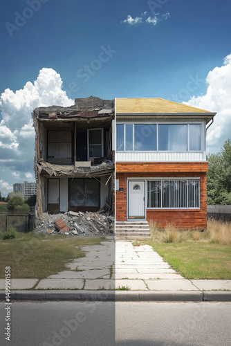 A before-and-after split composition showing a dilapidated home on one side and a fully renovated modern house on the other.