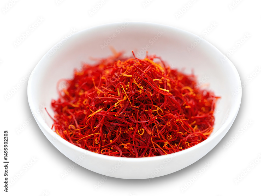 Fototapeta premium Bright red saffron threads in a small white bowl ready for culinary use in various dishes and recipes