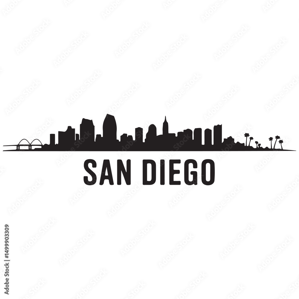 Naklejka premium San Diego city skyline horizontal banner. Black San Diego city, USA. Vector template for your design. Vector black silhouette. with white background