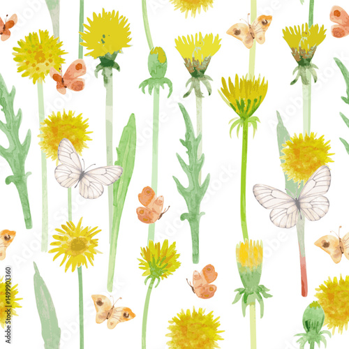 watercolor seamless texture with Dandelion flowers and leaves. vector watercolour painting of taraxacum blooms and butterflies