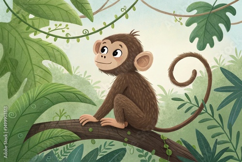 Adorable Baby Monkey in Lush Jungle Illustration