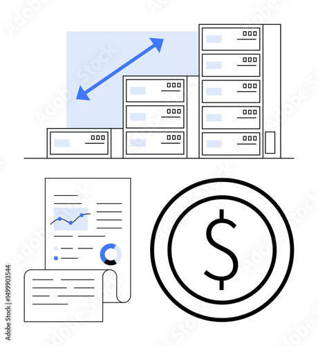 Dollar symbol, financial charts, upward arrow with buildings reflecting progress. Ideal for business strategy, investment growth, financial planning, economy trends, portfolio management, fintech