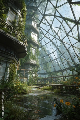 Overgrown futuristic building with plants and flowers in a greenhouse