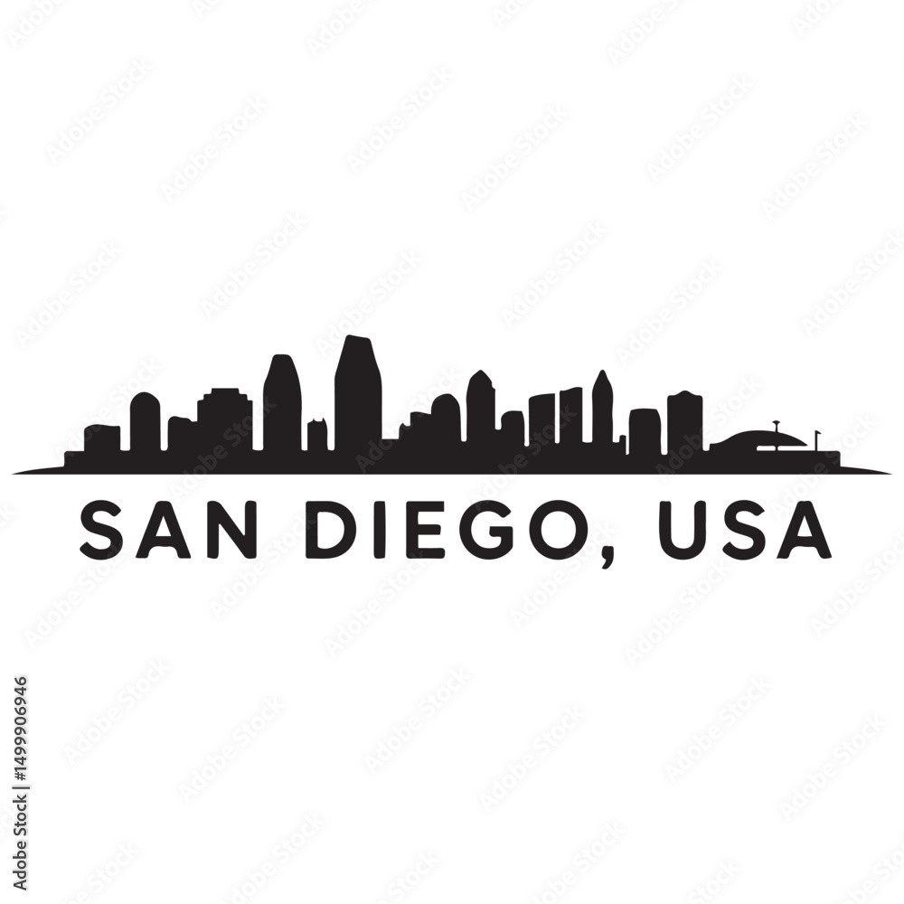 Naklejka premium San Diego city skyline horizontal banner. Black San Diego city, USA. Vector template for your design. Vector black silhouette. with white background
