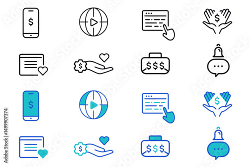 Business marketing solid line vector icon set. Icons related to agreement, donation, handshake, partnership, money, social media, megaphone, sponsor, purchase and more. Vector graphic illustration