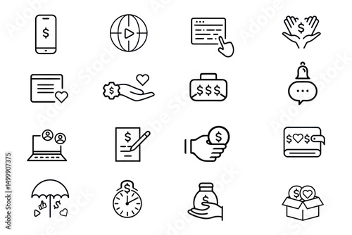 Business marketing vector line icon set. Icons related to agreement, donation, handshake, partnership, money, social media, megaphone, sponsor, purchase and more. Vector graphic illustration
