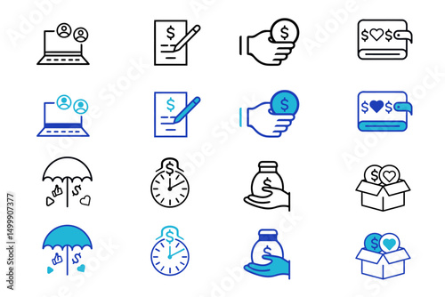 Business marketing vector icon set. Icons related to agreement, donation, handshake, partnership, money, social media, megaphone, sponsor, purchase and more. Vector graphic illustration