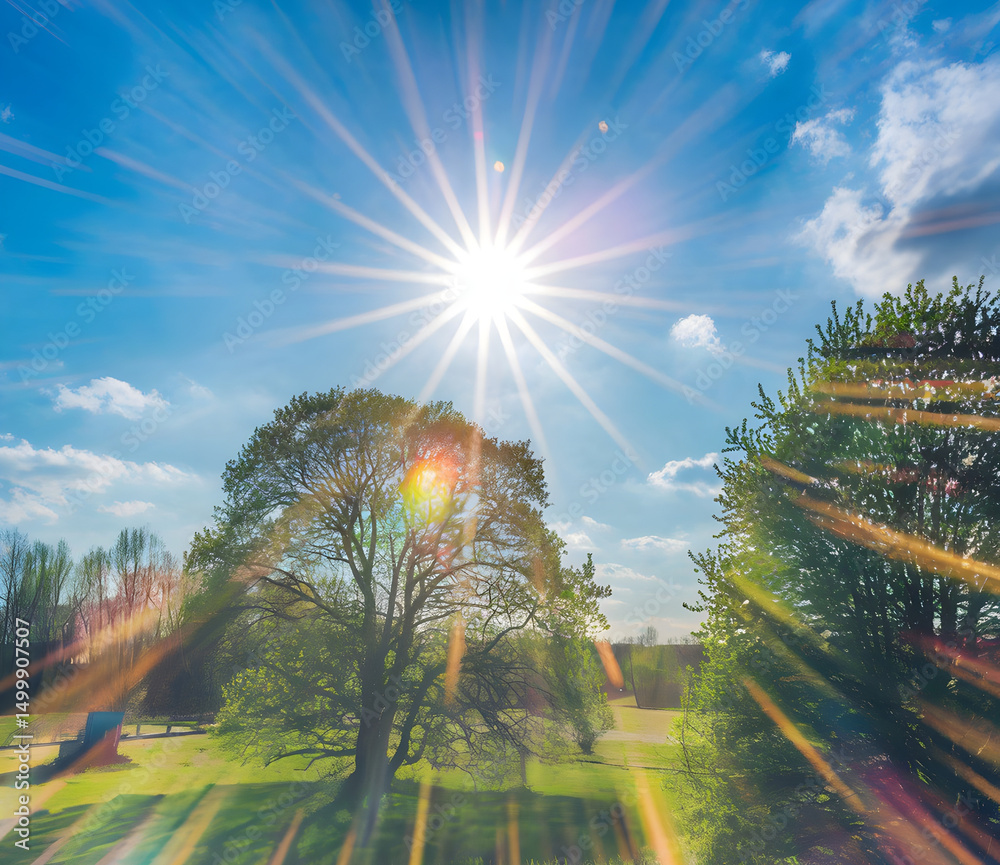 Naklejka premium Bright sunny day with rays in a lush green park