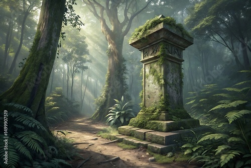 Ancient Stone Pedestal in Lush Jungle A Mystical Forest Scene
