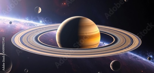 Saturn's rings encircle moons and distant planets in a vibrant cosmic scene, artwork, ethereal photo