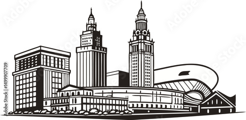 Cleveland silhouette skyline vector with Key Tower, Terminal Tower, and Rock & Roll Hall of Fame. 