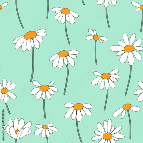 Seamless pattern with white camomiles and green stems on light green background, could be used as texture, wallpaper, print
