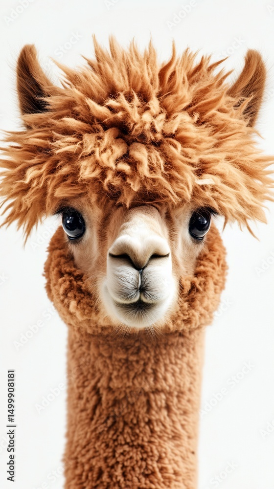 Obraz premium A close-up portrait of a light brown alpaca with a fluffy, textured coat and expressive dark eyes, against a plain white background