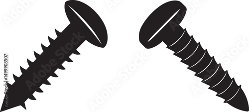 two black metal screws, detailed black and white illustration, hyperrealistic, scientific, hardware, object photography
