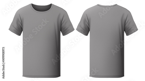 Front and back view of a gray t shirt against a transparent background
