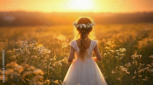 Wallpaper Mural A serene vista of a girl amidst a wildflower meadow bathed in golden sunlight Torontodigital.ca