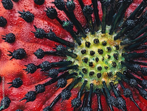 A close-up of the surface texture of an umbellifer, with black and green spines that protrude