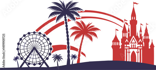 Anaheim vector silhouette skyline including Angel Stadium, Disneyland Castle silhouette, and palm trees.