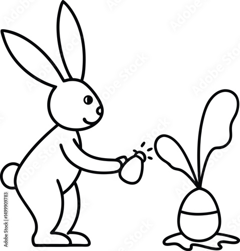 Cute Cartoon Bunny Watering Radish Plant Coloring Page for Kids