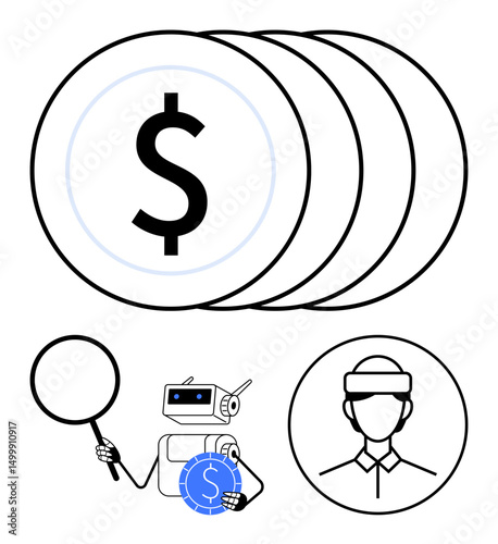 Robot holding magnifier beside coins, currency icon, and person wearing a VR headset. Ideal for AI, fintech advancement, digital assets, blockchain, VR innovation, data analysis futuristic finance