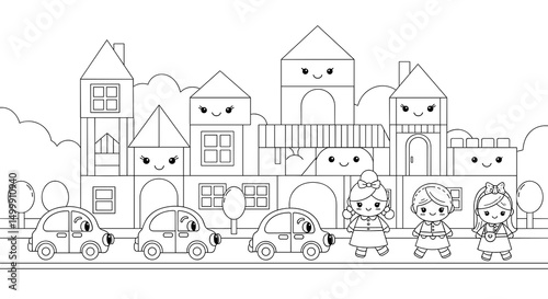 Children coloring page featuring a toy city with cars and characters  