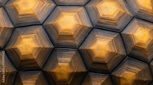 Close-up of a textured hexagonal pattern with golden hues, showcasing intricate design details