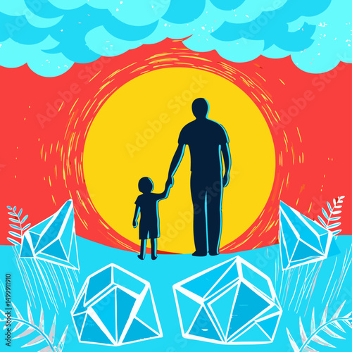 Father and Son Silhouette at Sunset, Holding Hands,  Abstract Art
