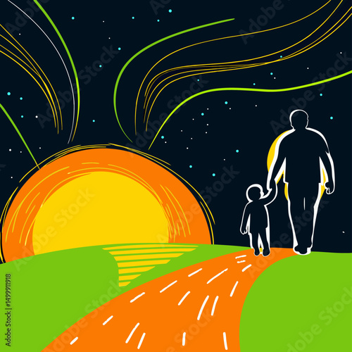 Father and Son Walking at Sunset Silhouette Illustration