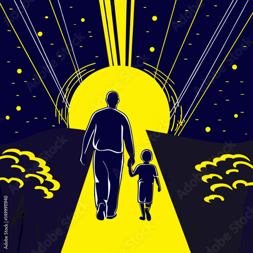 Father and Son Walking Towards Bright Future Sunset