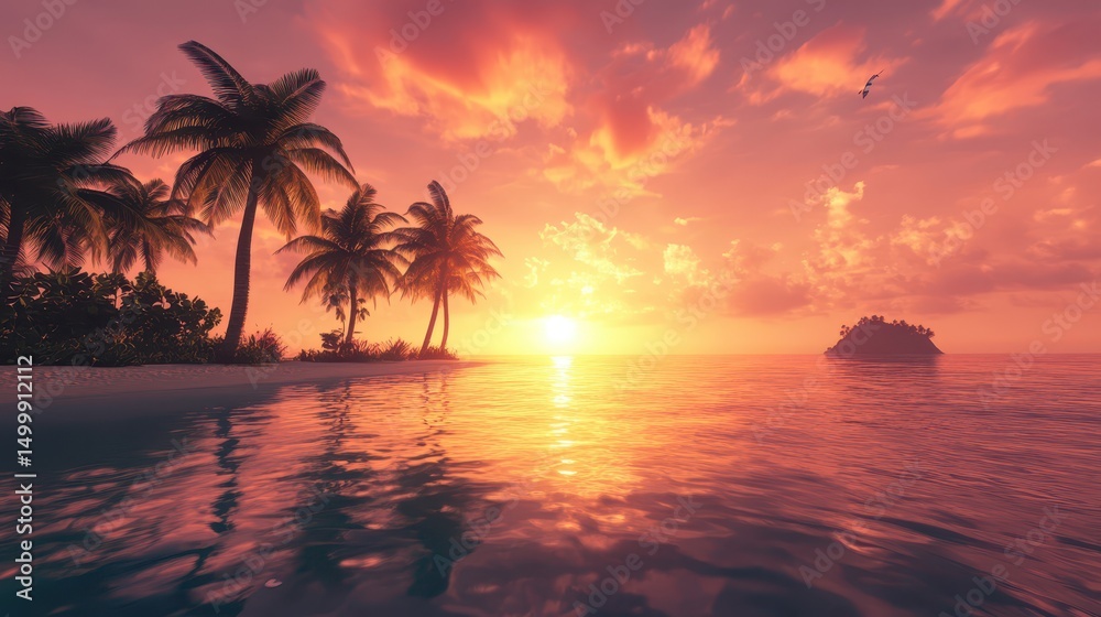 Tropical island sunset scene with palm trees and calm ocean Tropical island sunset scene with palm trees and calm ocean