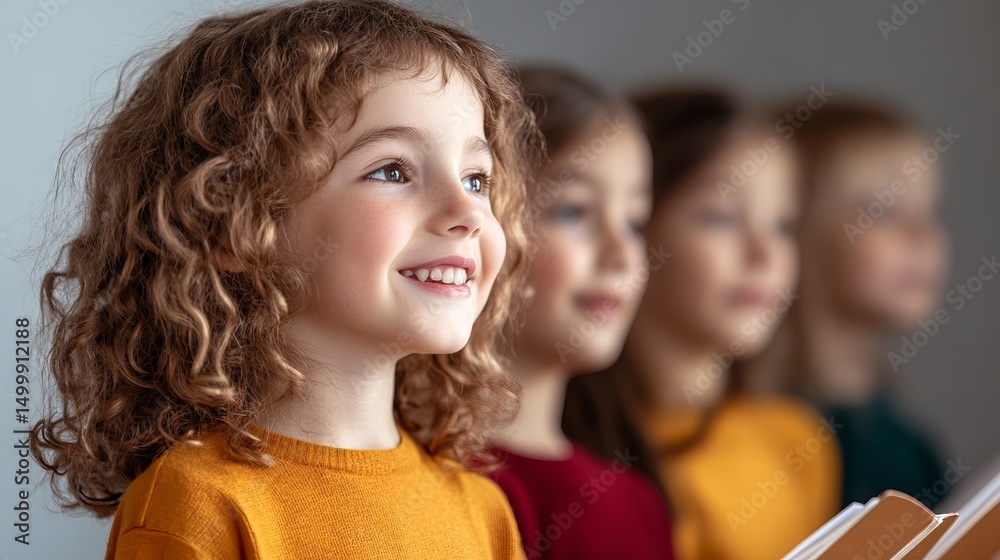 Fototapeta premium Young girl with curly hair smiles while singing in a choir with other blurred children in the background.