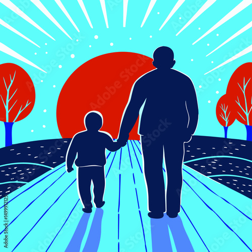 Father and Son Walking at Sunset, Holding Hands