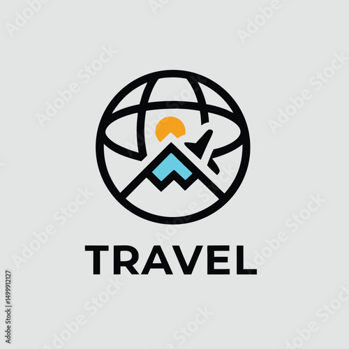 Minimalist Travel Logo with Globe Airplane and Mountain Silhouette in Adventure vector design