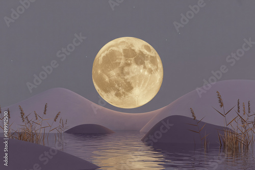 Minimalist night landscape with golden moon reflecting over water and purple hills in elegant style


