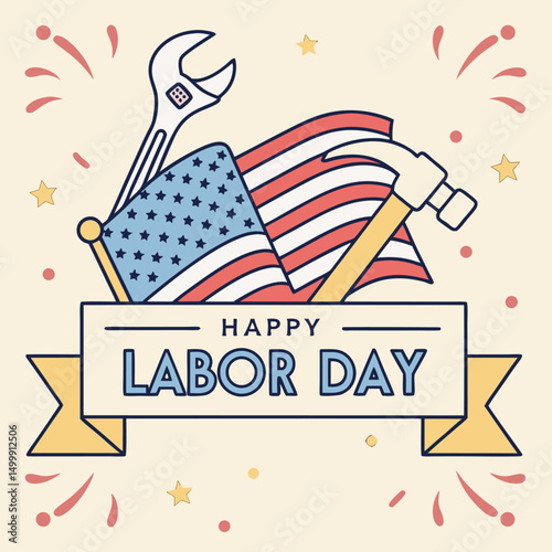 Happy Labor Day: American Flag, Tools & Fireworks Illustration