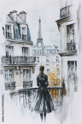 paris watercolor woman dress cityscape camera