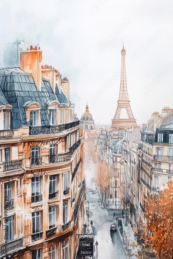 Fototapeta premium paris watercolor cityscape eiffel background parisian