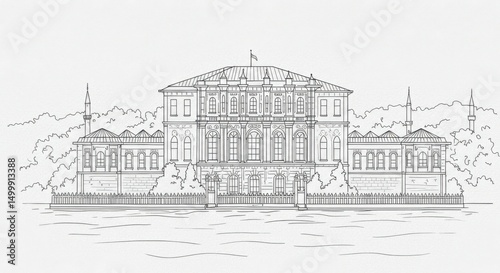 Minimalist Line Art of Beylerbeyi Palace Seafront View