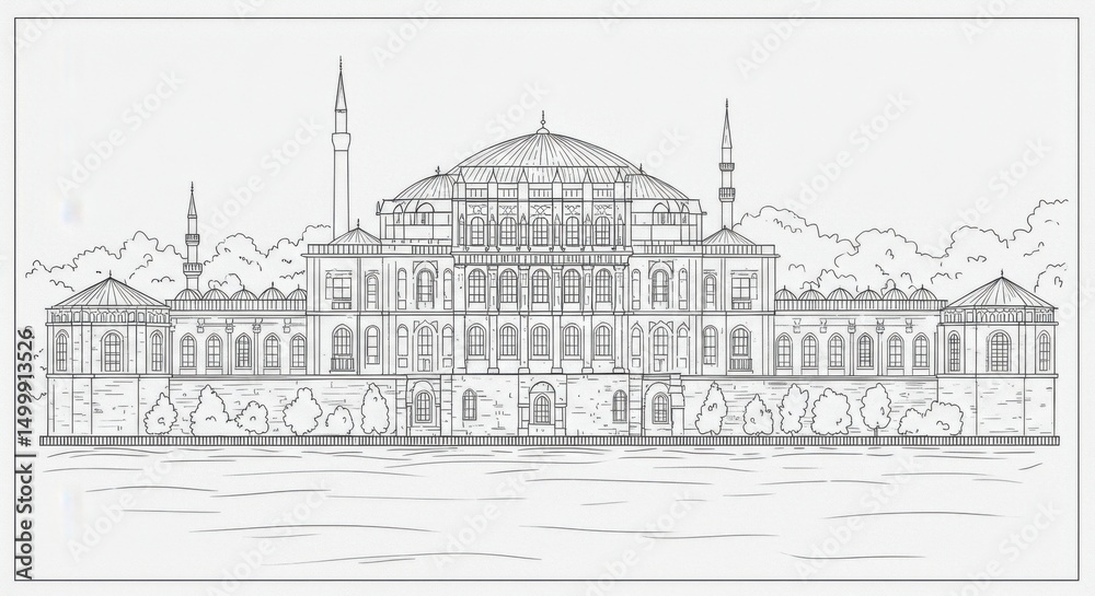 Obraz premium Minimalist Line Art of Beylerbeyi Palace Seafront View
