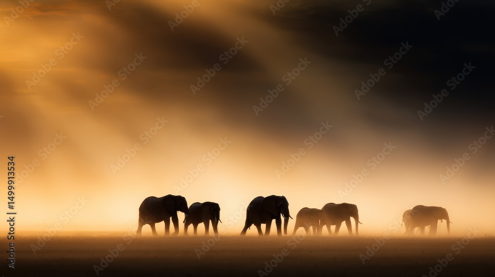 Fototapeta premium Silhouetted elephants walking through misty savannah at sunset with dramatic lighting