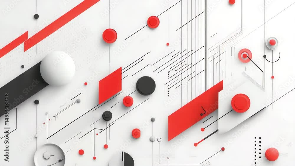 Abstract geometric pattern featuring spheres, lines, and geometric shapes in red, black, and white, creating a modern and dynamic design suitable for backgrounds and digital compositions. Abstract geometric pattern featuring spheres, lines, and geometric shapes in red, black, and white, creating a modern and dynamic design suitable for backgrounds and digital compositions.