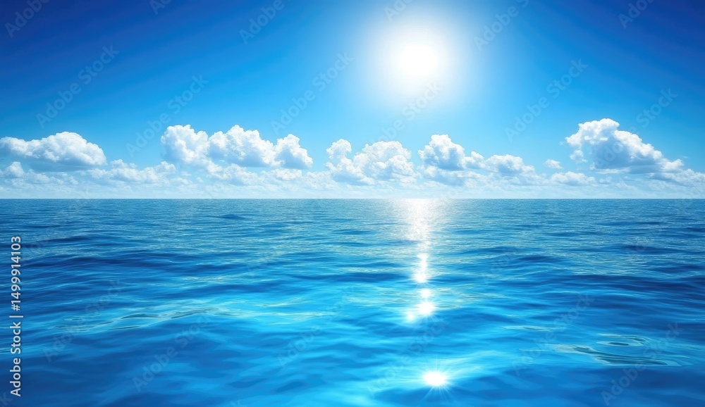 Fototapeta premium Vast ocean, bright sun, and puffy clouds
