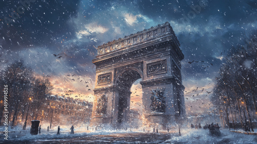 paris triomphe snowstorm digital detailed painting