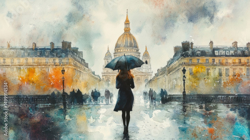paris watercolor cityscape woman style brush