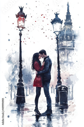 paris watercolor couple city street style