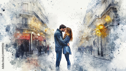 paris watercolor couple city street style