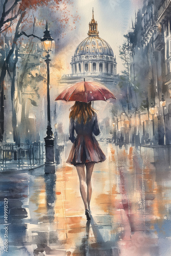 paris watercolor woman city street style