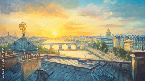 paris cityscape sunset river triomphe seine